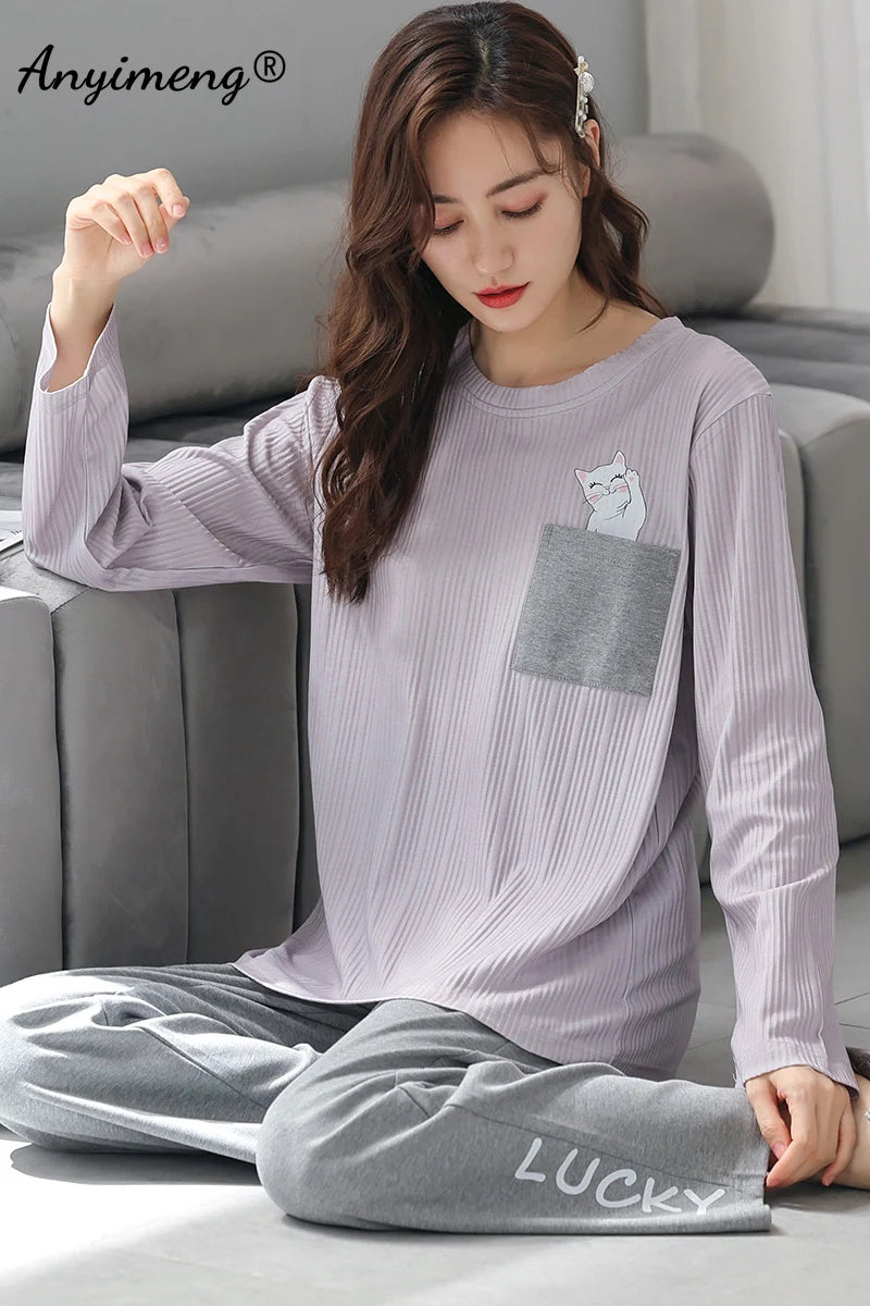 TAMBREET Autumn Winter New Korean Kawaii Pajama Set for Women Pajamas Cotton Long Sleeve Big Pijamas Fashion Sleepwear Plus Size 4xl 5xl