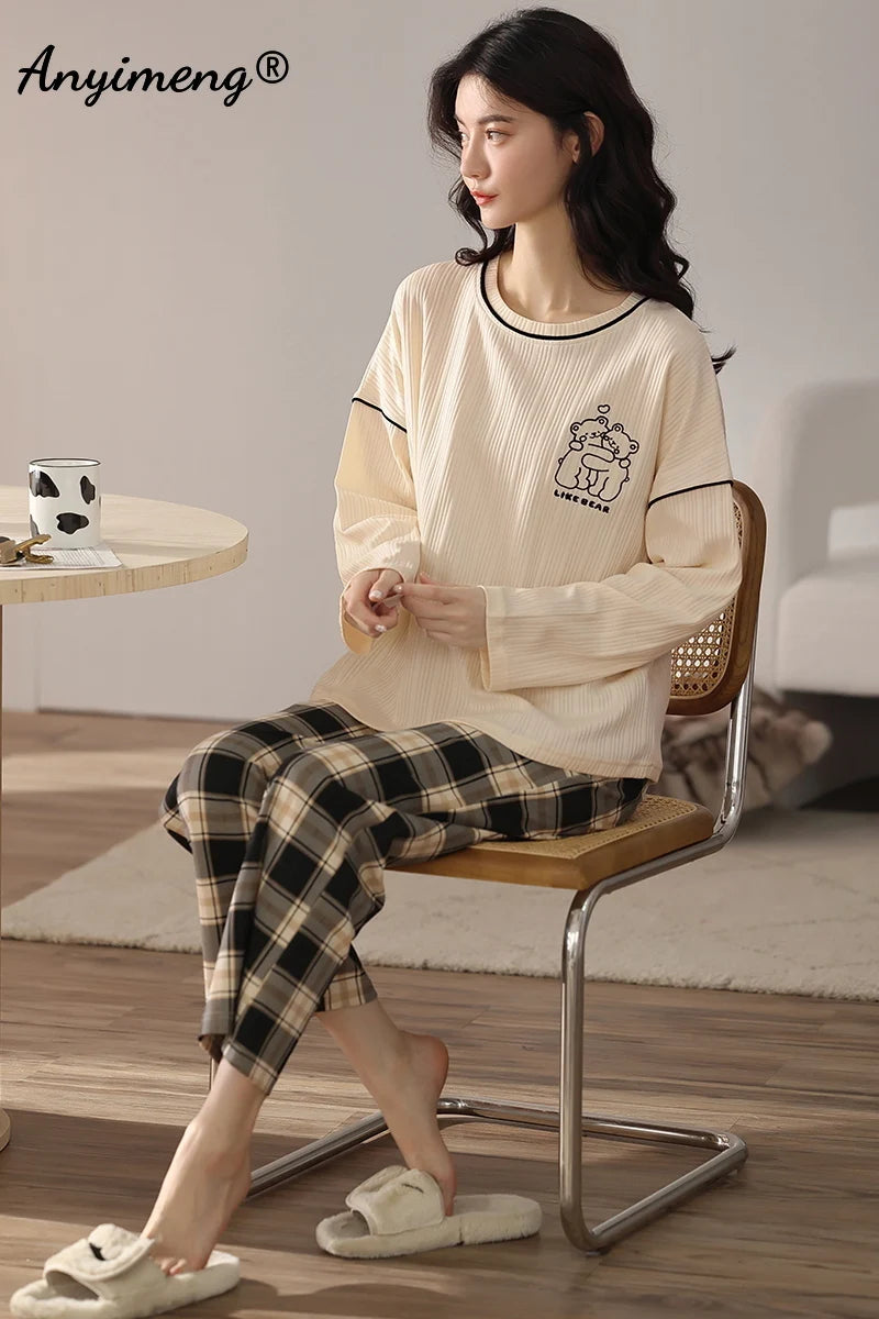 TAMBREET Autumn Winter New Korean Kawaii Pajama Set for Women Pajamas Cotton Long Sleeve Big Pijamas Fashion Sleepwear Plus Size 4xl 5xl