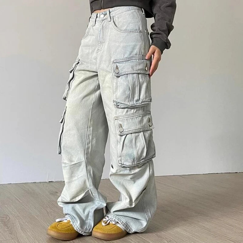 TAMBREET Autumn Winter New Ladies Cargo Jeans American Street Style Baggy Cargo Pants Women Blue Multi-pocket Wide Leg Jeans for Women