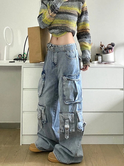 TAMBREET Autumn Winter New Ladies Cargo Jeans American Street Style Baggy Cargo Pants Women Blue Multi-pocket Wide Leg Jeans for Women