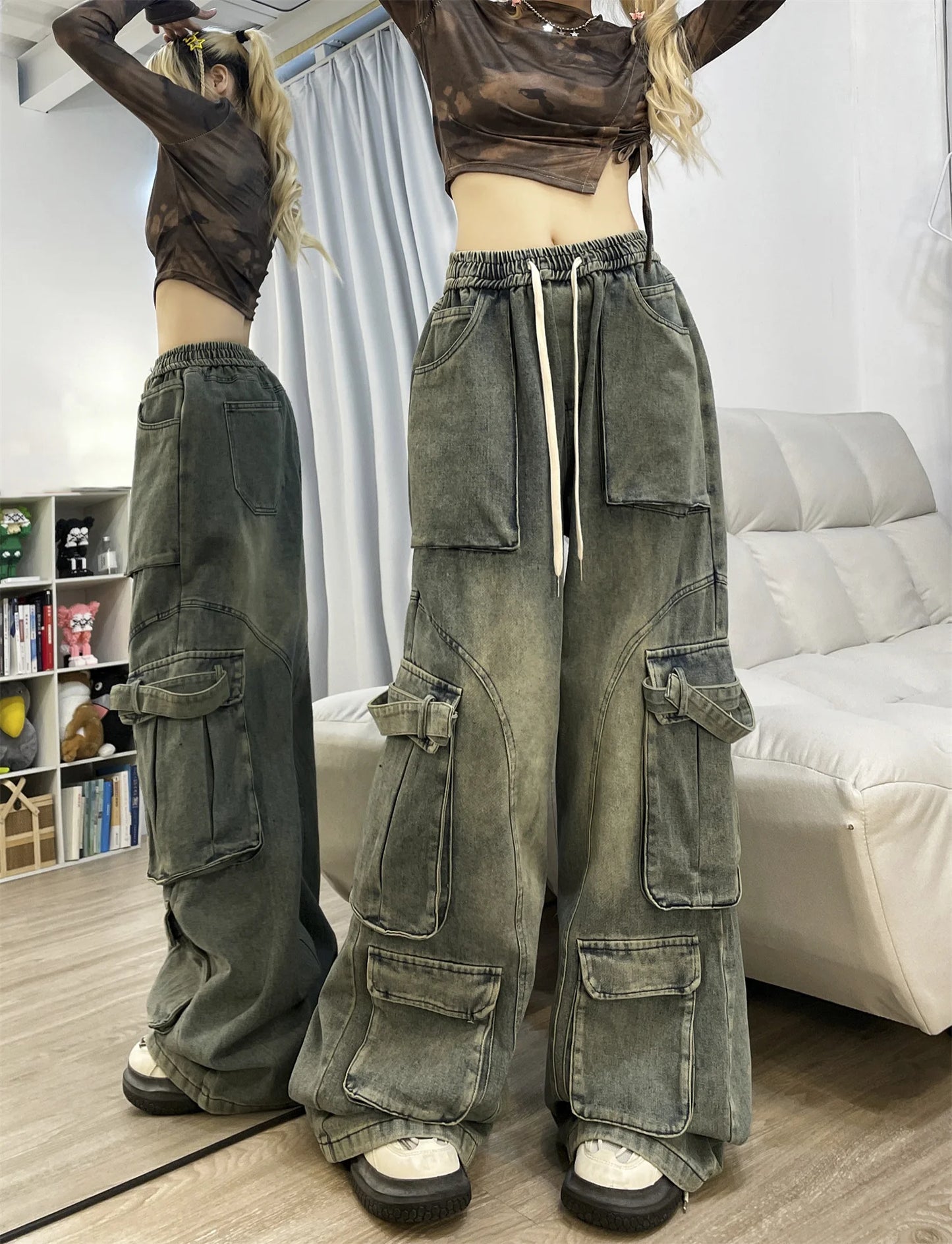 TAMBREET Autumn Winter New Ladies Cargo Jeans American Street Style Baggy Cargo Pants Women Blue Multi-pocket Wide Leg Jeans for Women