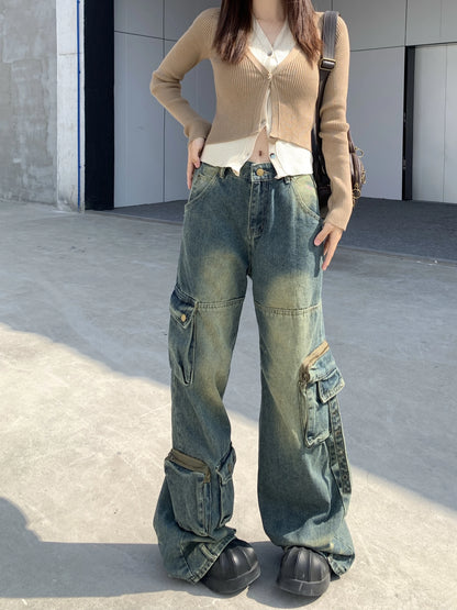 TAMBREET Autumn Winter New Ladies Cargo Jeans American Street Style Baggy Cargo Pants Women Blue Multi-pocket Wide Leg Jeans for Women