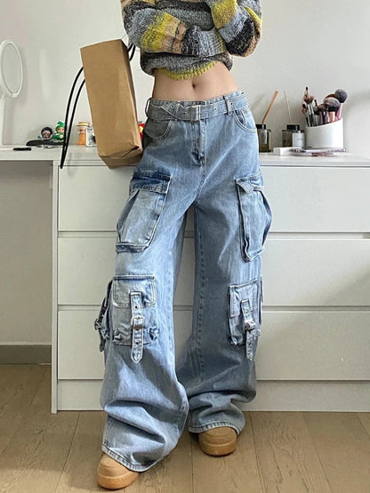 TAMBREET Autumn Winter New Ladies Cargo Jeans American Street Style Baggy Cargo Pants Women Blue Multi-pocket Wide Leg Jeans for Women