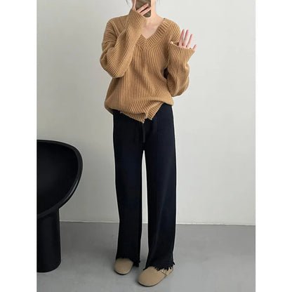 TAMBREET Autumn Winter Straight Knitted Pants Women Elastic Waist Drawstring Tassels Loose Pant