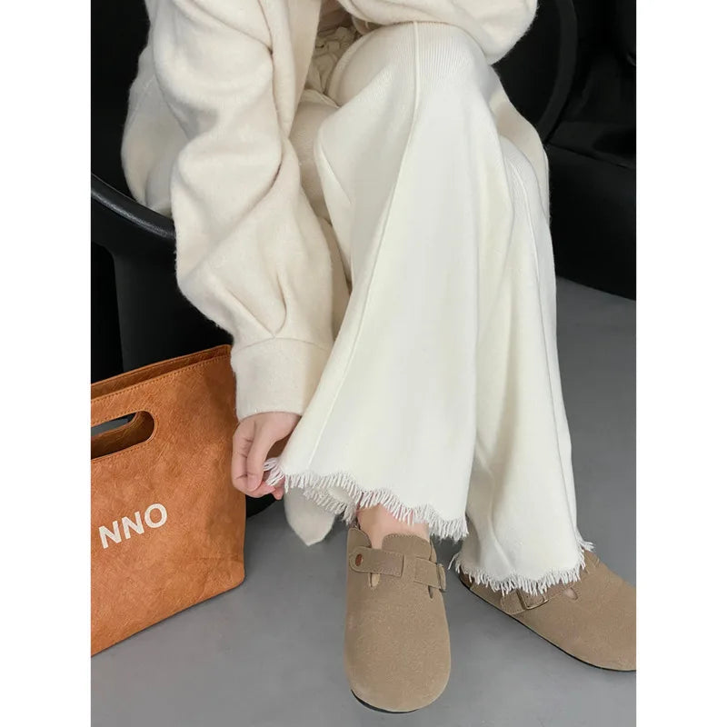 TAMBREET Autumn Winter Straight Knitted Pants Women Elastic Waist Drawstring Tassels Loose Pant