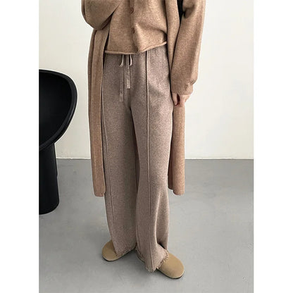 TAMBREET Autumn Winter Straight Knitted Pants Women Elastic Waist Drawstring Tassels Loose Pant