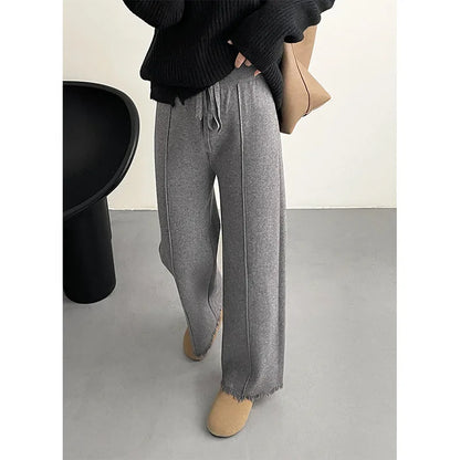 TAMBREET Autumn Winter Straight Knitted Pants Women Elastic Waist Drawstring Tassels Loose Pant