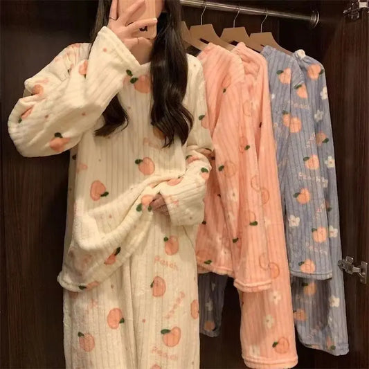 TAMBREET Autumn Winter Warm Flannel Fleecing Women's Pajamas Sets Coral Velvet Long Sleeve Cartoon Sleepwear Pants Sets Flannel Homewear