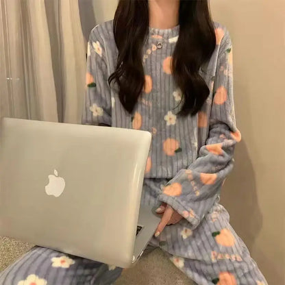 TAMBREET Autumn Winter Warm Flannel Fleecing Women's Pajamas Sets Coral Velvet Long Sleeve Cartoon Sleepwear Pants Sets Flannel Homewear