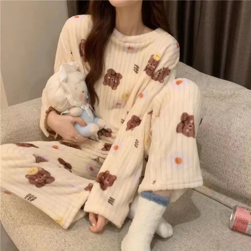 TAMBREET Autumn Winter Warm Flannel Fleecing Women's Pajamas Sets Coral Velvet Long Sleeve Cartoon Sleepwear Pants Sets Flannel Homewear