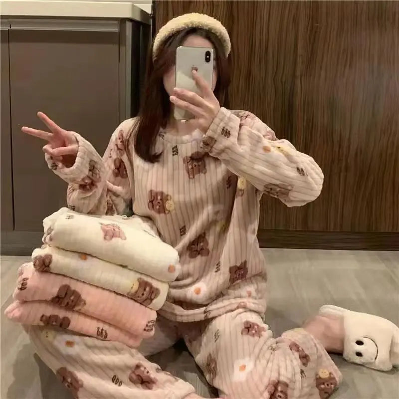 TAMBREET Autumn Winter Warm Flannel Fleecing Women's Pajamas Sets Coral Velvet Long Sleeve Cartoon Sleepwear Pants Sets Flannel Homewear