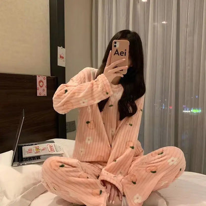 TAMBREET Autumn Winter Warm Flannel Fleecing Women's Pajamas Sets Coral Velvet Long Sleeve Cartoon Sleepwear Pants Sets Flannel Homewear