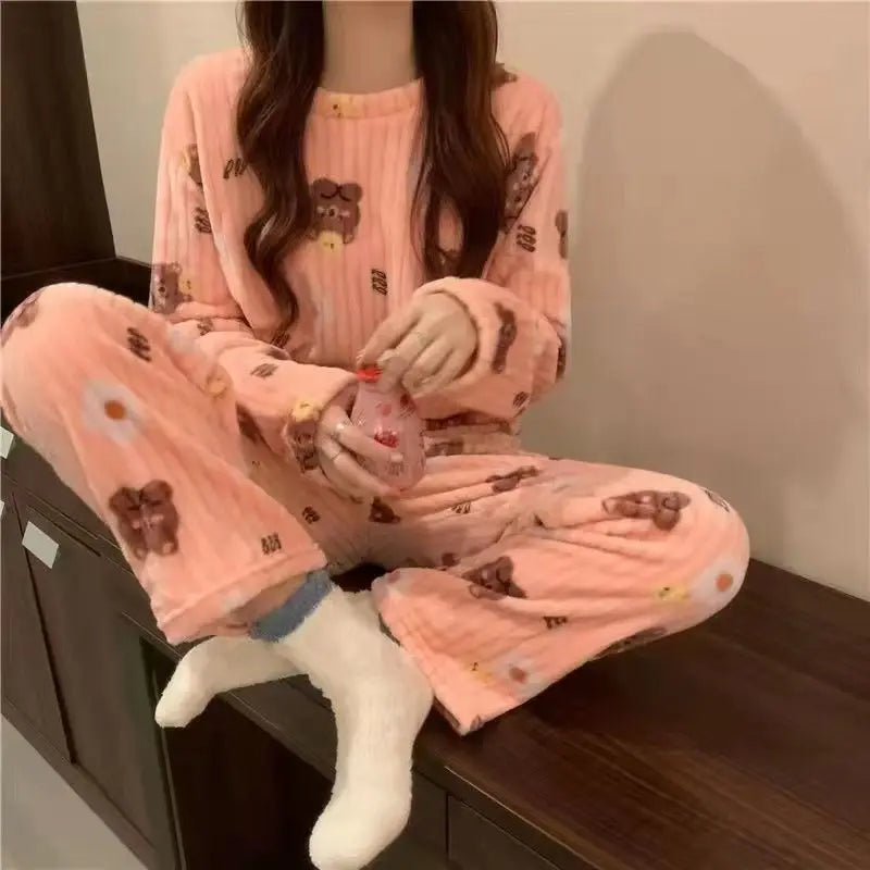 TAMBREET Autumn Winter Warm Flannel Fleecing Women's Pajamas Sets Coral Velvet Long Sleeve Cartoon Sleepwear Pants Sets Flannel Homewear