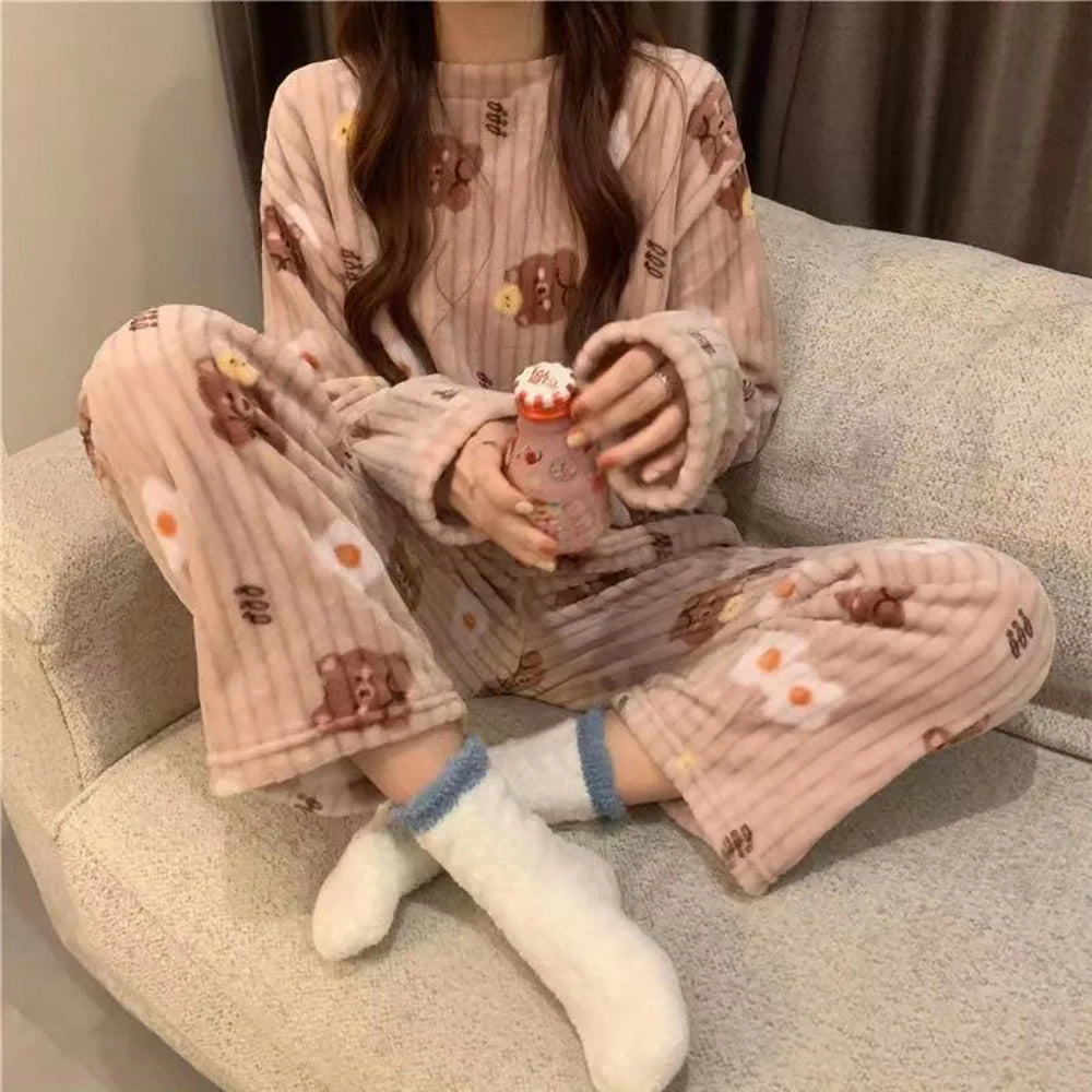 TAMBREET Autumn Winter Warm Flannel Fleecing Women's Pajamas Sets Coral Velvet Long Sleeve Cartoon Sleepwear Pants Sets Flannel Homewear