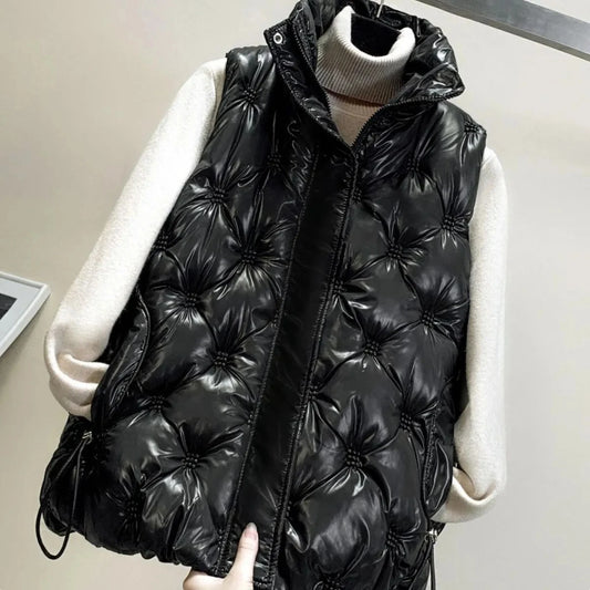 TAMBREET Autumn Winter Womens Vest Jacket 2024 New Stand Collar Thicken Cotton Sleeveless Coat Casual Female Waistcoat Outwear