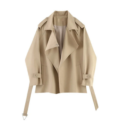 TAMBREET Autumn Women Khaki Black Short Trench Coat With Sashes High Quality Lapel Long Sleeve Female Windbreaker Outwear Loose Casual