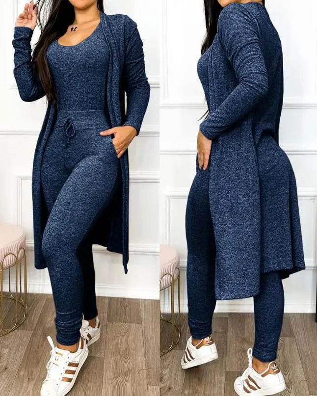 TAMBREET Autumn Women's New Drawstring Pocket Design Jumpsuit & Coat Set Temperament Commuting Women Fashion Suit Sets Two Piece Outfits