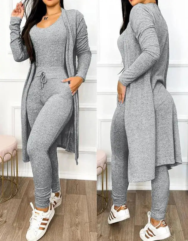 TAMBREET Autumn Women's New Drawstring Pocket Design Jumpsuit & Coat Set Temperament Commuting Women Fashion Suit Sets Two Piece Outfits