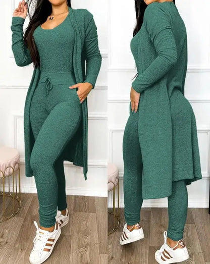 TAMBREET Autumn Women's New Drawstring Pocket Design Jumpsuit & Coat Set Temperament Commuting Women Fashion Suit Sets Two Piece Outfits