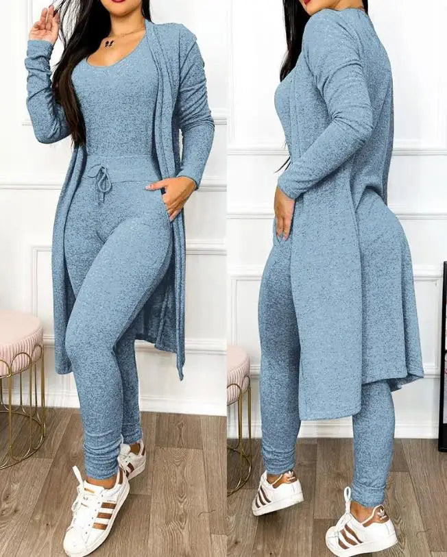 TAMBREET Autumn Women's New Drawstring Pocket Design Jumpsuit & Coat Set Temperament Commuting Women Fashion Suit Sets Two Piece Outfits