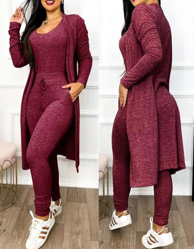 TAMBREET Autumn Women's New Drawstring Pocket Design Jumpsuit & Coat Set Temperament Commuting Women Fashion Suit Sets Two Piece Outfits