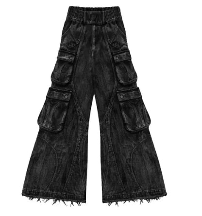 TAMBREET Autumn and Winter New Women's Cargo Jeans Street Baggy Heavy Industry High Waisted Jeans Women Blue Multi-pocket Wide-leg Pants