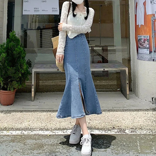 TAMBREET  BIYABY Korean Style Bodycon Fishtail Skirts for Women Fashion Denim Split Long Skirt 2024 New High Waisted Ruffles Midi Skirts