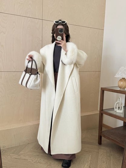 TAMBREET BJTZ Fashion Women's Brown Woolen Coat Notched Collar Loose Sashes Hairy Long Sleeves Short Blends Coats Autumn Winter 2024 New