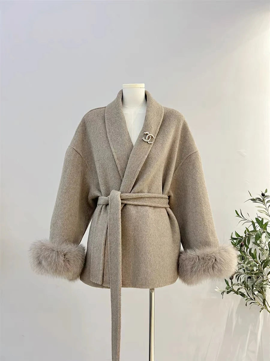 TAMBREET BJTZ Fashion Women's Brown Woolen Coat Notched Collar Loose Sashes Hairy Long Sleeves Short Blends Coats Autumn Winter 2024 New