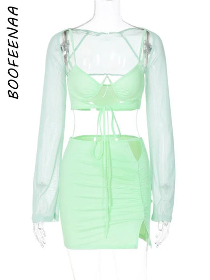 TAMBREET BOOFEENAA Sexy 3 Three Piece Sets Bodycon Mini Dress Club Outfits Women Fall Clothing Mint Green Mesh Top Skirt Sets C70-CG17