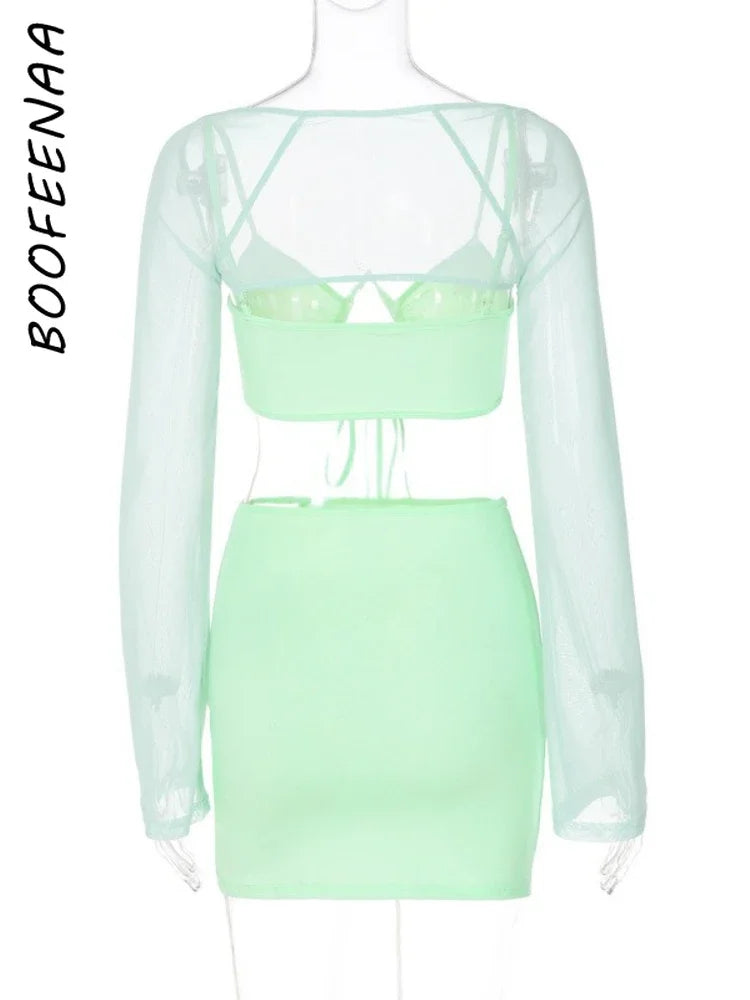 TAMBREET BOOFEENAA Sexy 3 Three Piece Sets Bodycon Mini Dress Club Outfits Women Fall Clothing Mint Green Mesh Top Skirt Sets C70-CG17