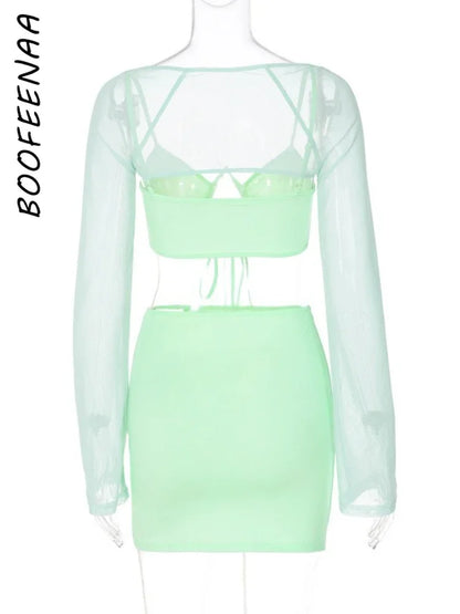 TAMBREET BOOFEENAA Sexy 3 Three Piece Sets Bodycon Mini Dress Club Outfits Women Fall Clothing Mint Green Mesh Top Skirt Sets C70-CG17