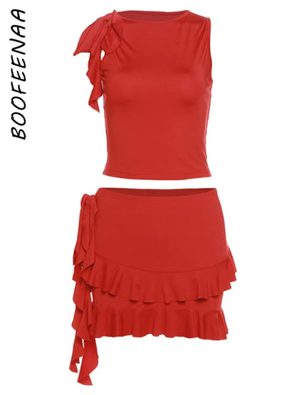 TAMBREET BOOFEENAA Two Piece Set Crop Top and Mini Skirt Red Tiered Dress Y2k Clothes Sexy Summer Outfits for Women 2024 C83-CC23