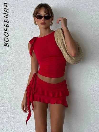 TAMBREET BOOFEENAA Two Piece Set Crop Top and Mini Skirt Red Tiered Dress Y2k Clothes Sexy Summer Outfits for Women 2024 C83-CC23