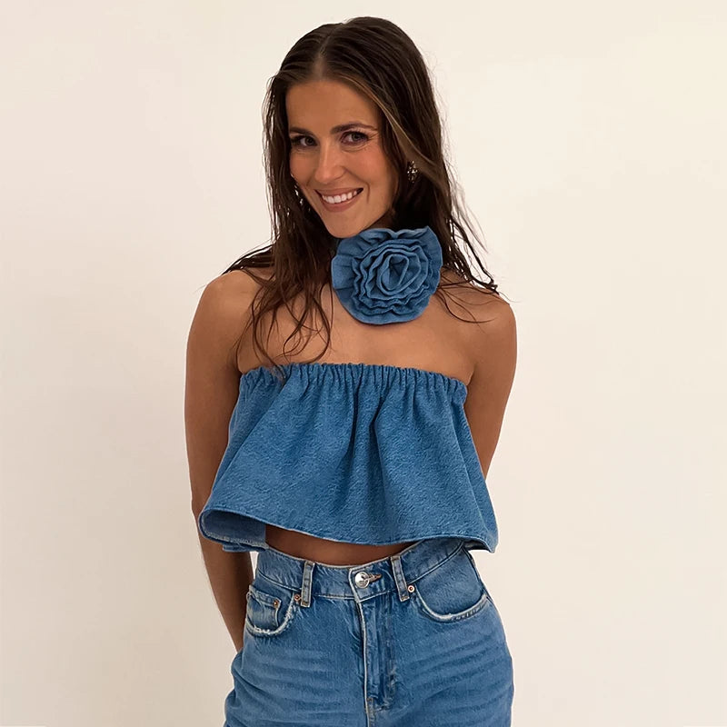 TAMBREET  BUILDINGB Elastic Strapless Crop Top Tube Women Party Club Denim Jeans Tops with Follower Summer Y2K Fashion Streetwear 2024