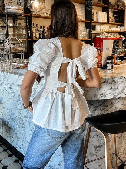 TAMBREET Backless Short Sleeve Shirts For Women Casual Back Lace Up Bow Tops 2025 Spring Summer New Fashion Lady Blouse Loose Streetwears