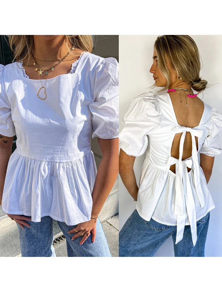 TAMBREET Backless Short Sleeve Shirts For Women Casual Back Lace Up Bow Tops 2025 Spring Summer New Fashion Lady Blouse Loose Streetwears