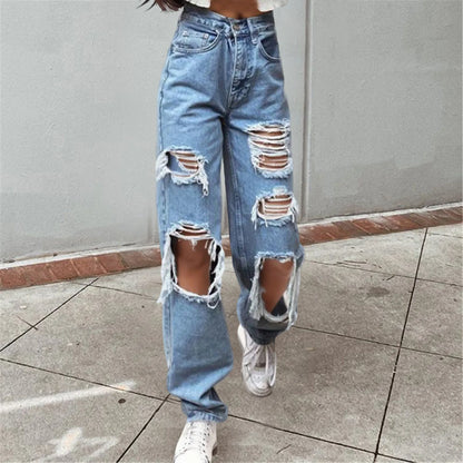 TAMBREET Baggy Jeans For Women Streetwear Holes Ripped Jeans Korean Fashion Straight Leg Trousers High Waist Washed Denim Pants джинсы