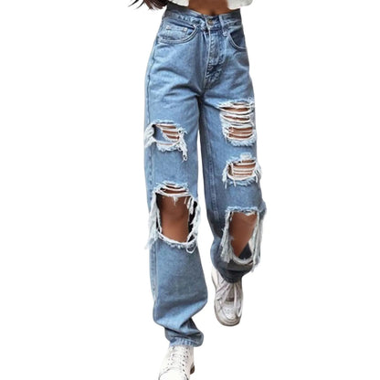 TAMBREET Baggy Jeans For Women Streetwear Holes Ripped Jeans Korean Fashion Straight Leg Trousers High Waist Washed Denim Pants джинсы