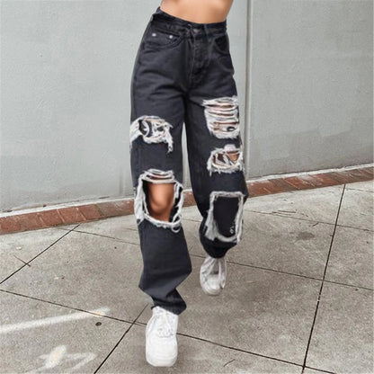 TAMBREET Baggy Jeans For Women Streetwear Holes Ripped Jeans Korean Fashion Straight Leg Trousers High Waist Washed Denim Pants джинсы