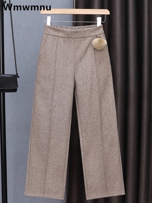 TAMBREET Big Size 4xl Striped Woolen Wide Leg Pants Women Fall Winter High Waist Ankle Length Pantalones Office Wool Blend Straight Broek