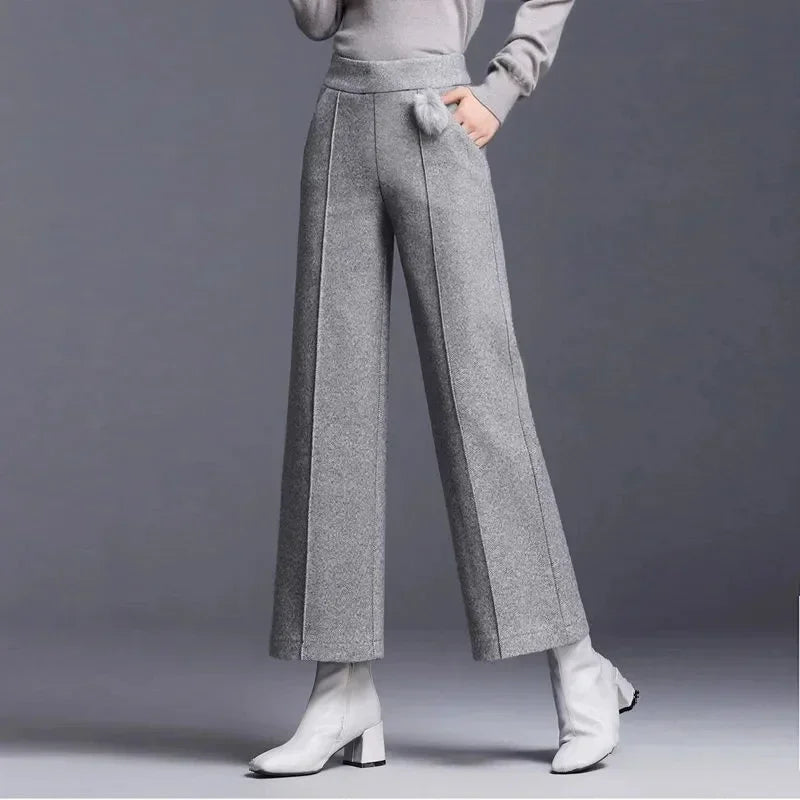 TAMBREET Big Size 4xl Striped Woolen Wide Leg Pants Women Fall Winter High Waist Ankle Length Pantalones Office Wool Blend Straight Broek