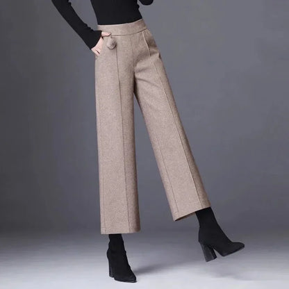 TAMBREET Big Size 4xl Striped Woolen Wide Leg Pants Women Fall Winter High Waist Ankle Length Pantalones Office Wool Blend Straight Broek