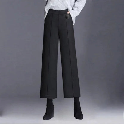 TAMBREET Big Size 4xl Striped Woolen Wide Leg Pants Women Fall Winter High Waist Ankle Length Pantalones Office Wool Blend Straight Broek