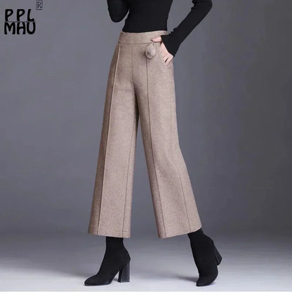 TAMBREET Big Size 4xl Striped Woolen Wide Leg Pants Women Fall Winter High Waist Ankle Length Pantalones Office Wool Blend Straight Broek