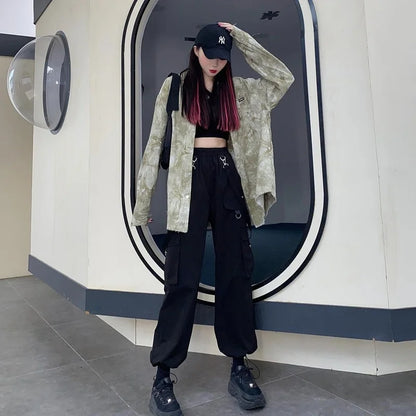 TAMBREET Black Cargo Pants Women Streetwear Harajuku Gothic High Waist Trousers Techwear Kpop Oversized Autumn Winter Loose Pants