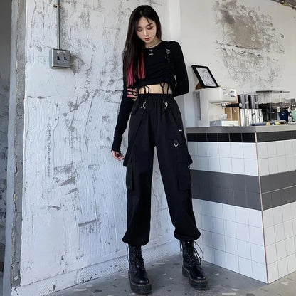 TAMBREET Black Cargo Pants Women Streetwear Harajuku Gothic High Waist Trousers Techwear Kpop Oversized Autumn Winter Loose Pants