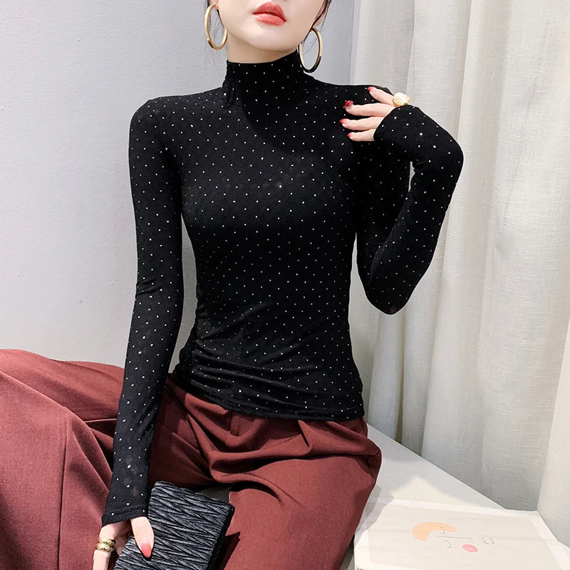 TAMBREET Black,Korean,Style,Winter,T-shirt,Sexy,Turtleneck,Shiny,Diamonds,Women,Tops,Long Sleeve,Bottoming,Shirt,Tees,2025,New,411601