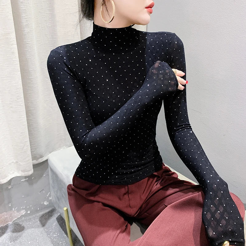 TAMBREET Black,Korean,Style,Winter,T-shirt,Sexy,Turtleneck,Shiny,Diamonds,Women,Tops,Long Sleeve,Bottoming,Shirt,Tees,2025,New,411601