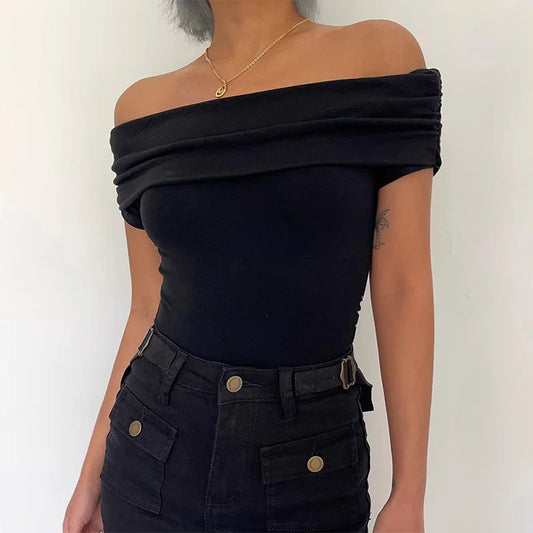 TAMBREET Black Off Shoulder Elegant Short Tops Side Pleated Fashion Slim Sexy Cropped T Shirt Women Summer Y2k Clothing Skinny Top